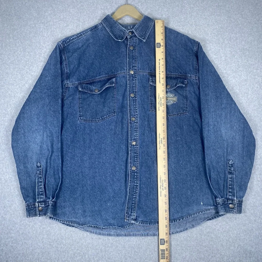 Harley Davidson Denim Shirt Mens XL Blue Long Sleeve Embroidered Logo B8-69